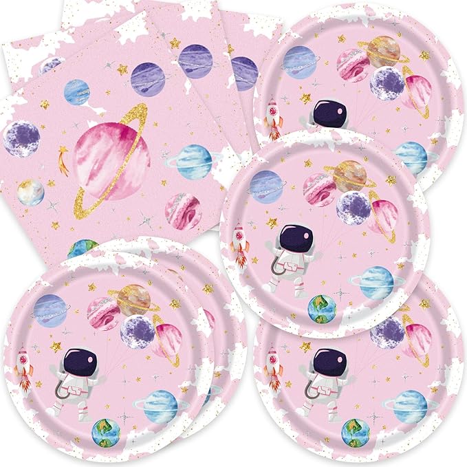 40Pcs Space Themed Party Decorations Astronaut First Birthday Plates and Napkins Party Supplies Serve 20 Two The Moon Baby Girl Shower Supplies Space Birthday Decorations