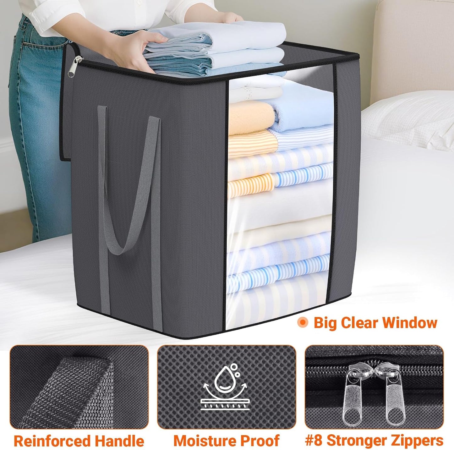 TasticTotes 120L Extra Large Clothes Storage Bags - Foldable Blanket Organizers with Reinforced Handles & Zippers - Gray, 1 Pack