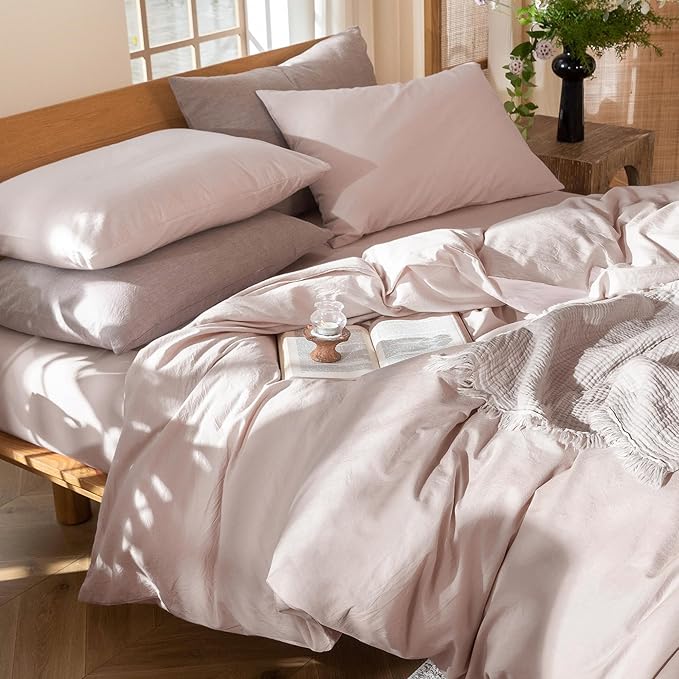 MooMee Bedding Duvet Cover Set 100% Washed Cotton Linen Like Textured Breathable Durable Soft Comfy (Heathered Greyish Pink, Twin 68"x90")