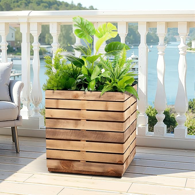 Metal Planter Box Rectangular Planter Box with Drainage Hole, Outdoor Large Planters, All-Weather Use, Rust-Resistance, for Flowers Plants, 17" L × 17" W × 18" H, Dark Walnut