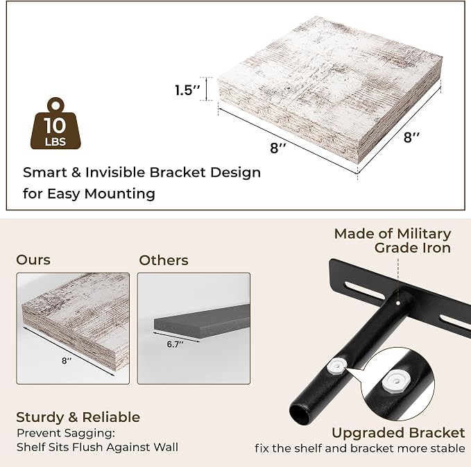 RICHFOCUS 8 Inch Floating Shelves for Wall Small Square Shelves Set for Plant|Bedroom|Kitchen|Bathroom Rustic Wood Wall Mounted Shelf with Invisible Brackets for Books|Storage|Decor, Rustic White