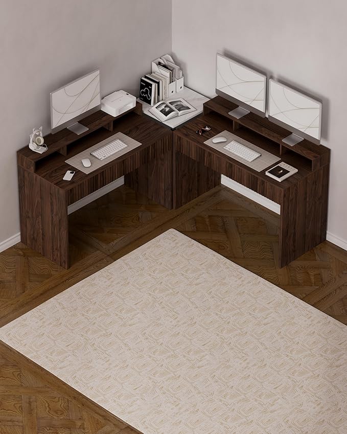 47" Executive Desk with Fluted Drawer, Modern Home Office Desk with Long Monitor Stand and 2 Drawers, Computer Writing Desk for Study Office Vanity, Brown