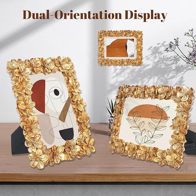 Gold Picture Frames 5x7, Floral Vintage Carved Textured Hand-Crafted Photo Frame with Glass Front, Ornate Resin Picture Frame for Horizontal or Vertical Display, Retro Carving Flower Photo Frames Photo Gallery Art