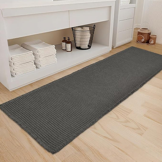 ZALL Dark Grey Waffle Bath Mat,Super Absorbent Non Slip Bathroom Rug, Gray 24x72inch, Machine Washable Ultra Soft Floor Mats