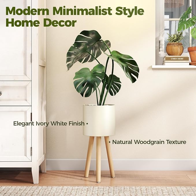 Bamworld Single Plant Holder for Indoor Plants Metal Planter Stand Wooden Leg White Plant Stand Indoor Flower Pot Stand 7in Plant Pot with Stand for Living Room Office Bedroom Decor Modern Home Decor Small