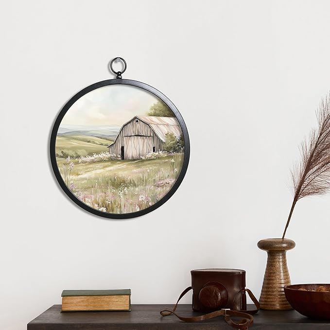 XIAOAIKA Vintage Wall Art with Metal Frame, Round Canvas Print Featuring Barn Country Field Scene, Boho Wall Decor for Living Room, Bedroom, Kitchen, Hallway, 10 Inch