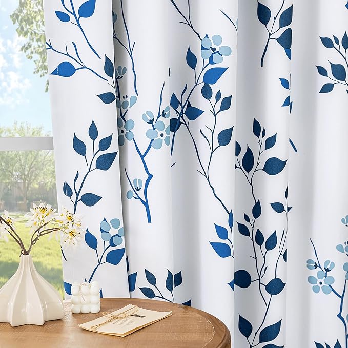 Beauoop Floral 100% Blackout Curtains 54 Inch Length 2 Panels for Bedroom Living Room Navy Blue and White Flower Patterned Room Darkening Thermal Soundproof Grommet Window Treatments Drapes, 52X54