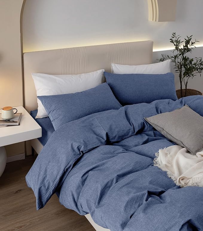 JIYUAN 100% Washed Cotton Duvet Cover Set 3 Pieces Cal King, 1 Duvet Cover 104x98 Inches(Comforter Not Included) and 2 Pillowcases,Linen Like Comfy and Breathable,Heathered Blue