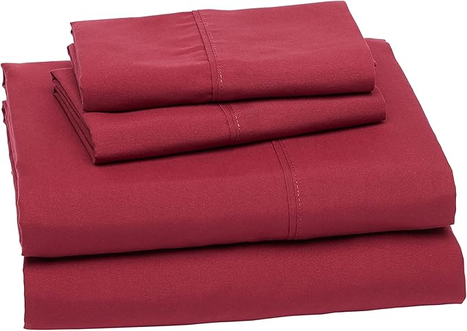 Amazon Basics Lightweight Super Soft Easy Care Microfiber 4 Piece Bed Sheet Set with 14-Inch Deep Pockets, Comfortable Queen, Burgundy, Solid