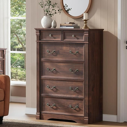 Walnut 6 Drawer Dresser for Bedroom, 47" Tall Dresser, Wood Rustic Chest of Drawers with Chic Wood Pilasters, Dressers Organizer for Bedroom, Hallway, Living Room