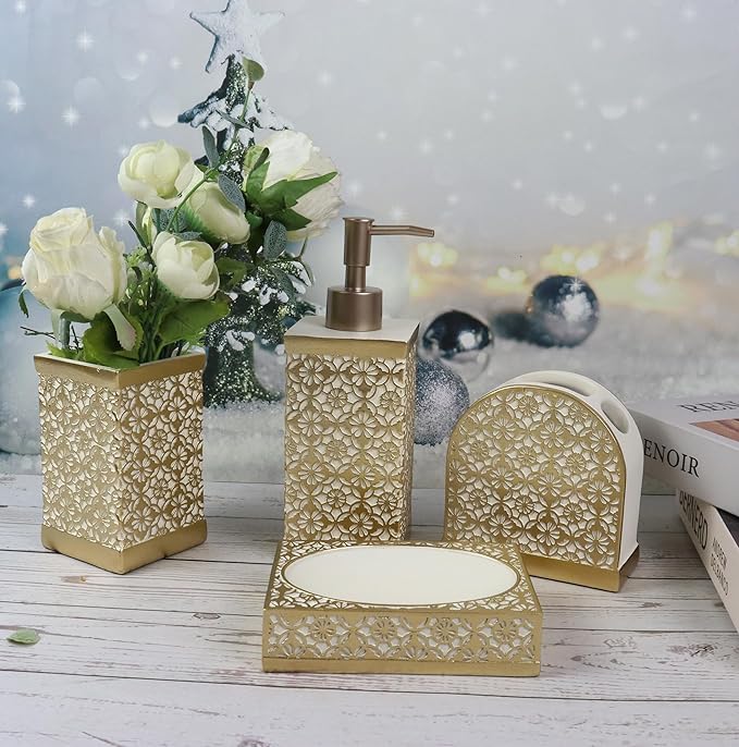 Hymmah Gold Bathroom Accessories Set,Farmhouse Bathroom Decor,4 Pcs Resin Gift Set Apartment Necessities, Contain Cotton Swab Jar,Soap Dispenser,Tumbler，Soap Dish/Tray