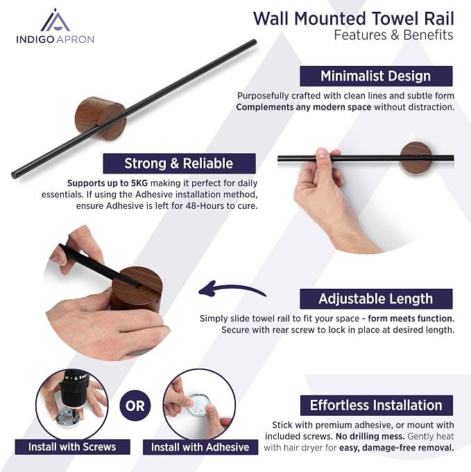 Towel Bar for Bathroom Wall, Towel Holder 20 Inch, Black Aluminium, No Drill Adhesive or Screw Mount, Modern Minimalist Towel Rack, Kitchen & Bathroom, Wall Mounted