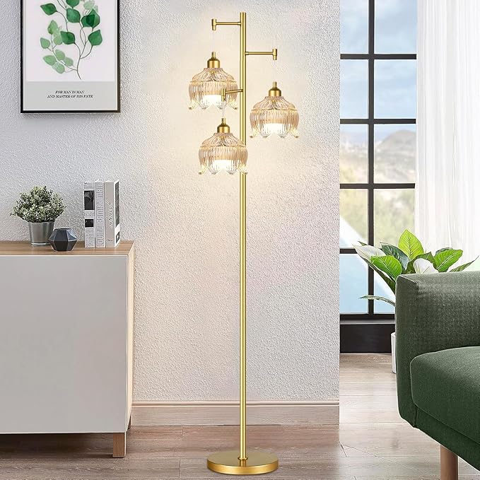 ZECOXOL Gold Floor Lamps for Living Room 3 Lights Floor Lamp with Glass Lampshape & Three Led Bulb,Mid Century Standing Lamp Vintage Brass Tall Lamp Tree Floor Lamp for Bedroom Corner