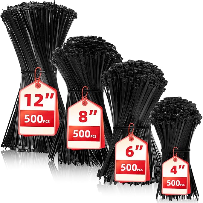 Zip Ties Assorted Sizes(4”+6”+8”+12”), 2000 Pack,Black Cable Ties,Multi-Purpose Self-Locking Nylon Cable Cord Management,Plastic Wire Ties for indoor and outdoor use.