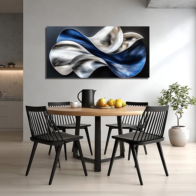Blue Silver Abstract Picture Wall Art Modern 3D Textured Canvas Decor for Living Room Bedroom Office Flow Artwork 24" x 48"