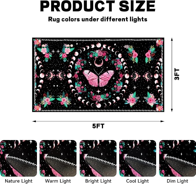 Pink Butterfly Area Rug 3'x5' Moon Phase Floral Rugs for Entryway Bedroom Living Room Kitchen Home Decor Boho Gothic Butterfly Carpet Non-Slip Washable Floor Mat