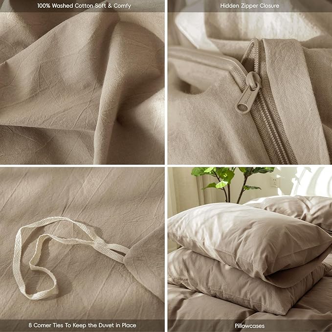 MooMee Bedding Duvet Cover Set 100% Washed Cotton Linen Like Textured Breathable Durable Soft Comfy (Solid Mocha Brown, Full 80"x90")