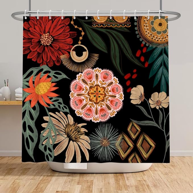 Black Boho Floral Shower Curtain Abstract Botanical Mid Century Modern Bathroom Decor Tropical Flower Shower Curtain with 12 Hooks,66x72 inches