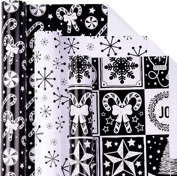 LeZakaa Christmas Wrapping Paper Mini Roll - Bell & Tree/Candy Canes/Snowflakes in Black & White for Gift Wrap, Arts Crafts - 17 x 120 inches - 3 Rolls (42.5 sq.ft.ttl.)