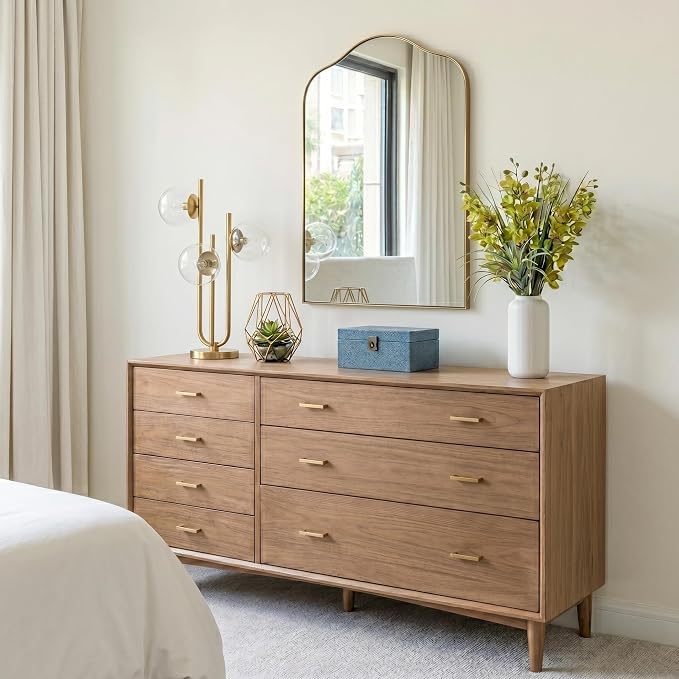 ANDY STAR Brass Scalloped Arched Wall Mirror, 22x35 Brushed Gold Irregular Bathroom Mirror with Curved Design for Vanity, Powder Room, Fireplace, Mantel, Stainless Steel Frame