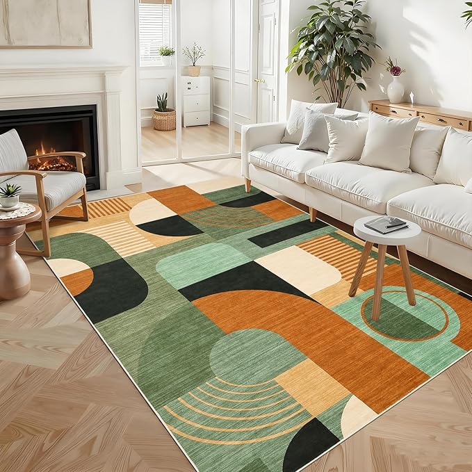 Area Rugs for Living Room, Boho Geometric Washable Rug for Bedroom Entryway Soft Low Pile Non-Slip Indoor Rugs for Dining Room Dorm Playroom, Green Multi, 5'x7'