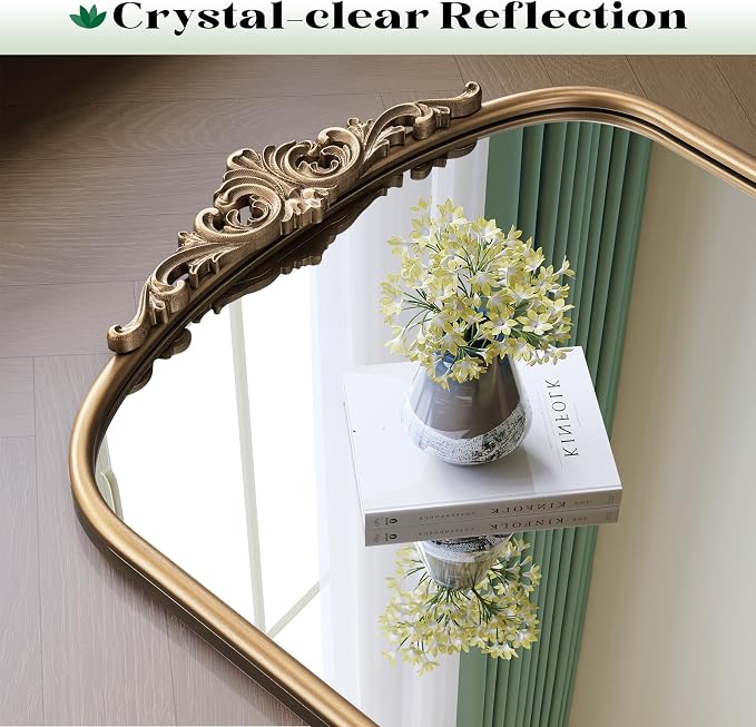 Champagne Bronze Bathroom Mirror, 32"x24" Mantle Mirrors for Fireplace, Vintage Gold Arched Wall Mirror for Over Sink, Livingroom, Entryway, Bedroom, Haning or Leaning