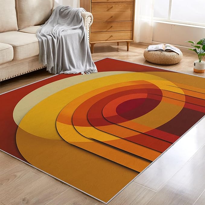 Mid Century Modern Rugs for Home Decor, 8x10 ft, Abstract Circle Area Rugs for Living Room, Soft Non Slip Washable Retro 70s Geometric Carpet Bedroom Decorations Dt-Ghf-69