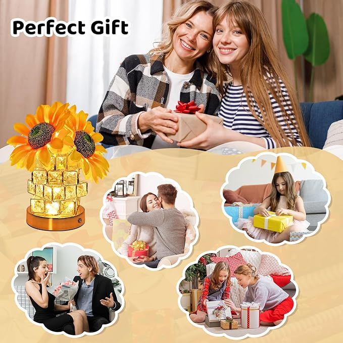Sunflower Gifts for Women, 4000mAh Rechargeable Flower Lamp with 3-Color Stepless Dimming, Touch Control Cordless Table Lamp Night-Light for Home Decor,Unique Birthday Gifts for Women