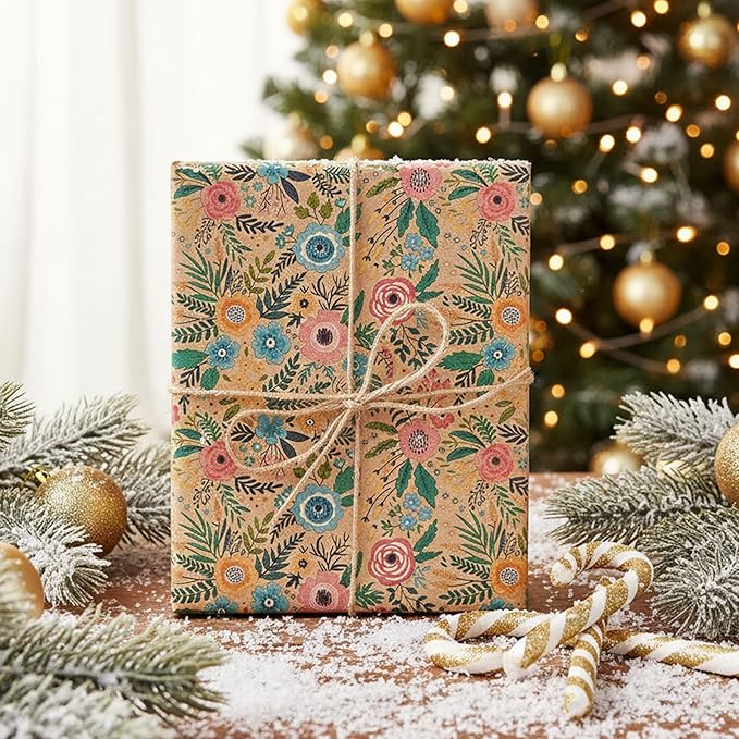 VCOOHM Floral Kraft Wrapping Paper Roll – 17 Inch x 16.4 Feet – Elegant Garden Flower Design – Gift Wrap for Birthday, Wedding, Baby Shower, Bridal Shower and More