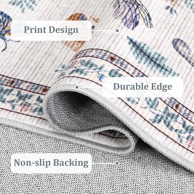 5x7 Washable Mushroom Floral Small Rug Non Slip Living Room Vintage Area Rug Low Pile Soft Bedroom Rugs Non Shedding Kitchen Rugs Boho Retro Indoor Carpet for Kids Nursery Room, Beige