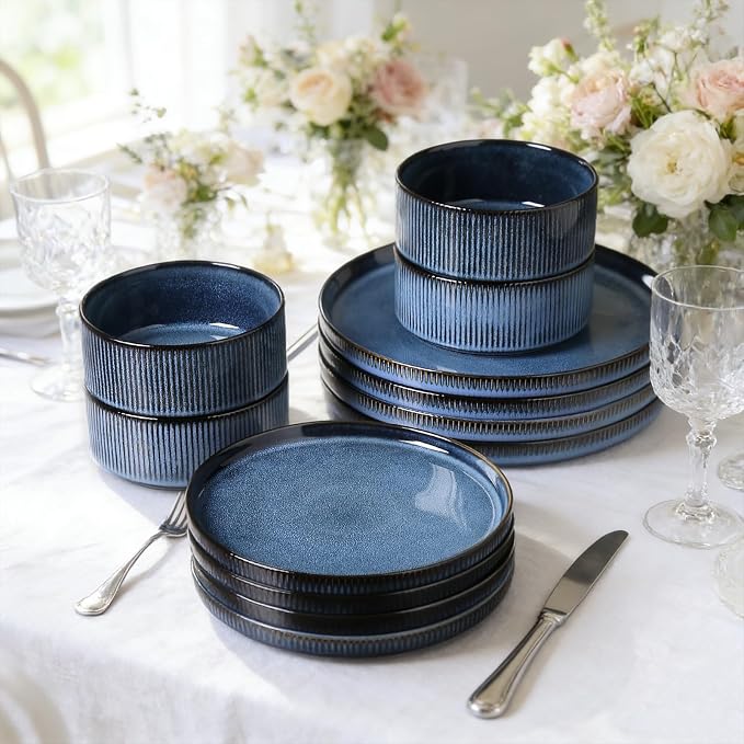 MONITO Ceramic Dinnerware Sets for 4, 12PCS Stoneware Plates and Bowls Sets, Reactive Glaze Dish Set, Chip and Scratch Resistant Double, Microwave and Dishwasher Safe, Dark Blue