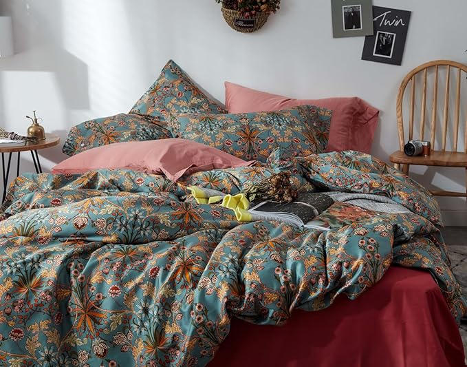 VM VOUGEMARKET Green Flower Duvet Cover Set Twin,Aesthetic Boho Bedding Set Percale Cotton Royal Floral Comforter Cover with Zipper Closure