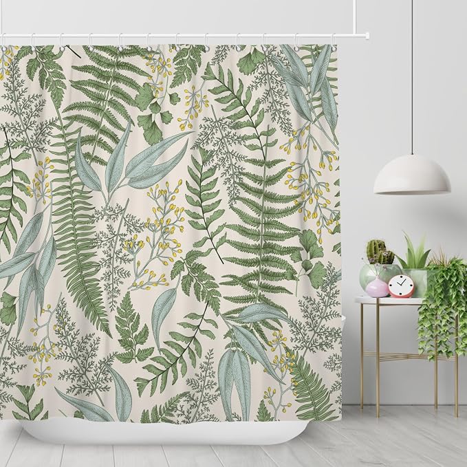 Vintage Fern Leaf Leaves Sage Green Shower Curtain, Rural Eucalyptus Plant Natural Farmhouse Floral Botanical Art Printed Fabric Waterproof Curtain for Bathroom w/12 Plastic Hooks