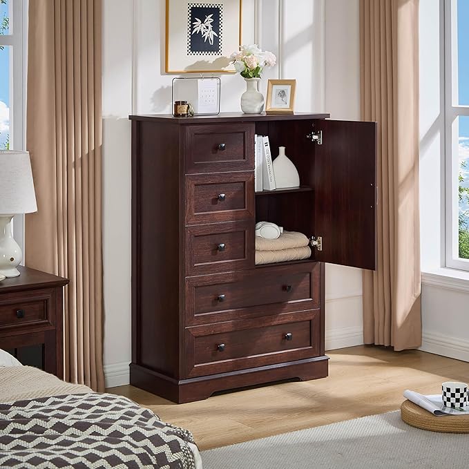 SOOWERY Dresser for Bedroom, Farmhouse Dresser with 5 Wooden Drawers and Storage Cabinet, 48 Inches Tall Chest of Drawers for Bedroom, Living Room, Hallway, Dark Cherry