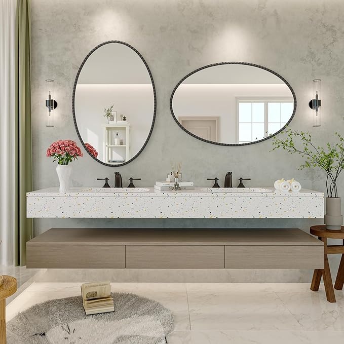 Black Oval Bathroom Mirror, 24x36 Inch Floral Oval Mirrors for Wall, Black Metal Floral Frame Mirrors for Bedroom Living Room Hallway, Hangs Horizontally or Vertically