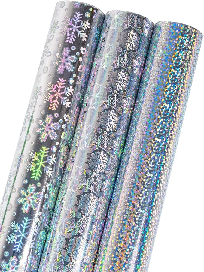 MAYPLUSS Christmas Holographic Foil Wrapping Paper - 17in x 120in Per Roll - Shiny Silver Snowflakes and Dots Design Iridescent Gift Wrap Paper for Christmas Wedding Winter Shower Holiday Celebration