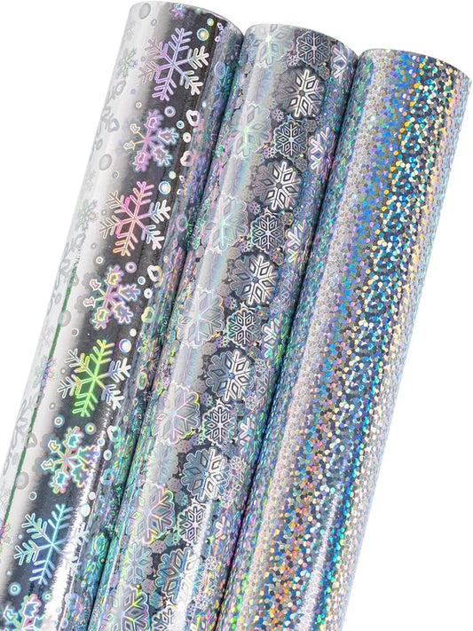 MAYPLUSS Christmas Holographic Foil Wrapping Paper - 17in x 120in Per Roll - Shiny Silver Snowflakes and Dots Design Iridescent Gift Wrap Paper for Christmas Wedding Winter Shower Holiday Celebration