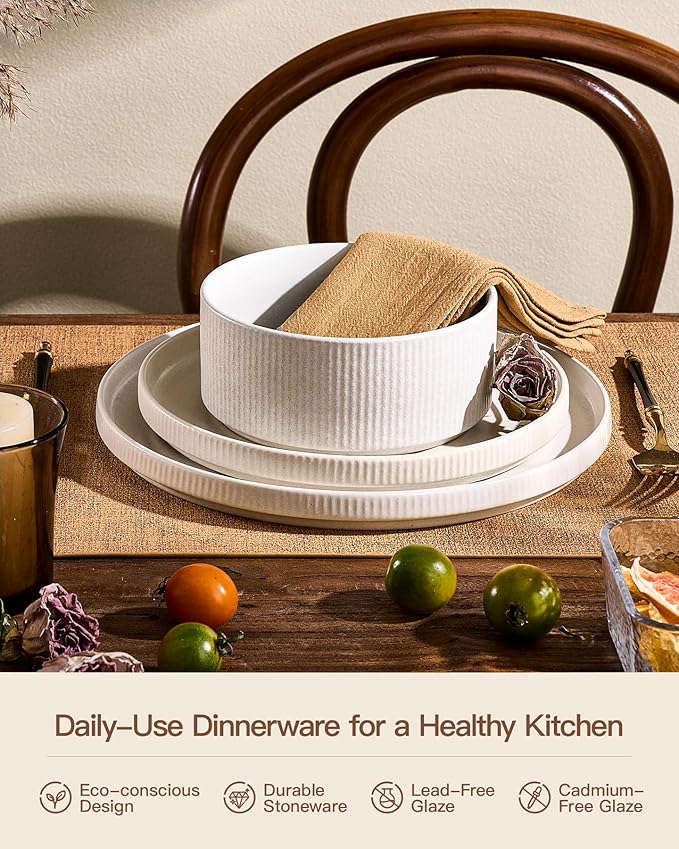 Stoneware Plates and Bowls Dishes Sets for 6 (18-Piece), Famiware Premium Handcrafted Reactive Glaze Dinnerware Set with Raised Rim, Scratch Resistant, Microwave Dishwasher Safe, Matte Reactive White