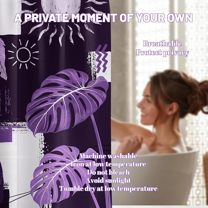Purple Mid Century Modern Shower Curtain Bohemian Abstract Lavender Shower Curtains for Bathroom Decor Sets, Waterproof Cloth Fabric with Hooks, 60x72 Inch