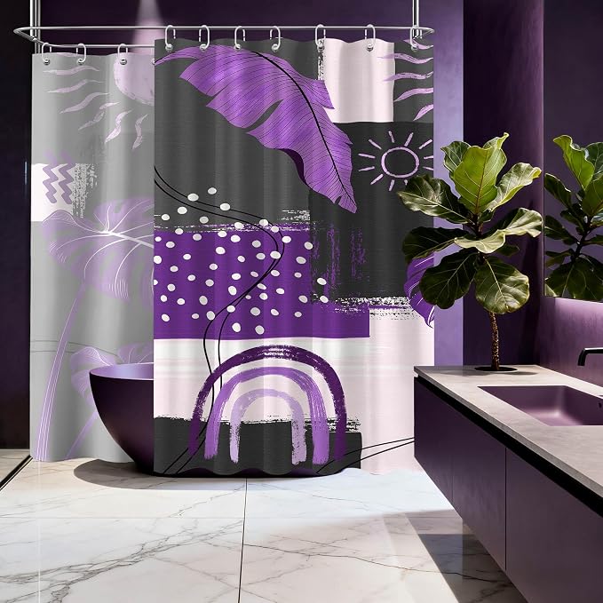 Extra Long Shower Curtain Extra Tall Purple and Gray Dark Purple and Grey XL Boho Shower Curtains for Large Bathroom Decor Sets, Waterproof Cloth Fabric with Hooks, 108x72 Inch