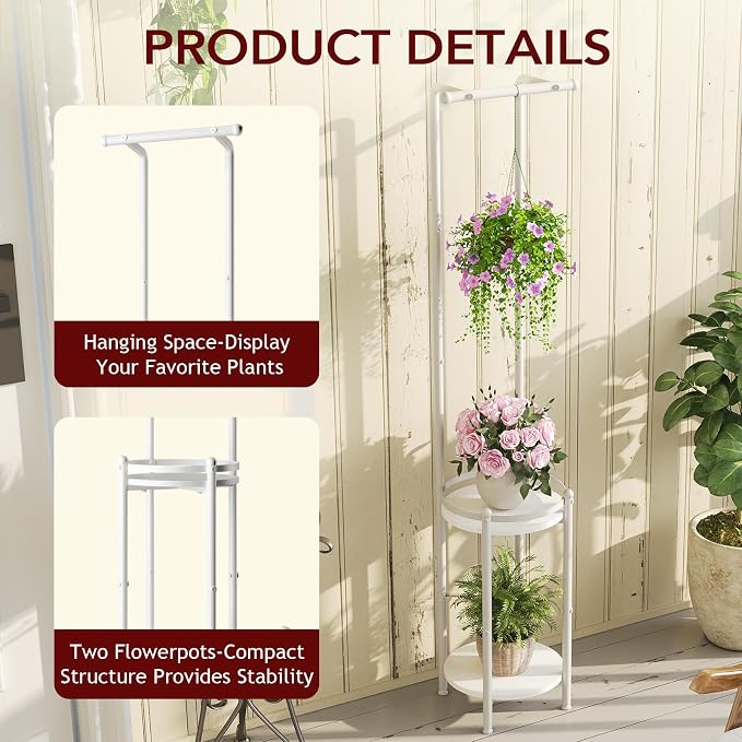 Homsorout Plant Stand Indoor Outdoor - Heavy Duty Metal 2-tier Hanging Plant Holder Space-Saving Iron Plant Stands Tall Plant Shelf for Living Room Garden Balcony (White)