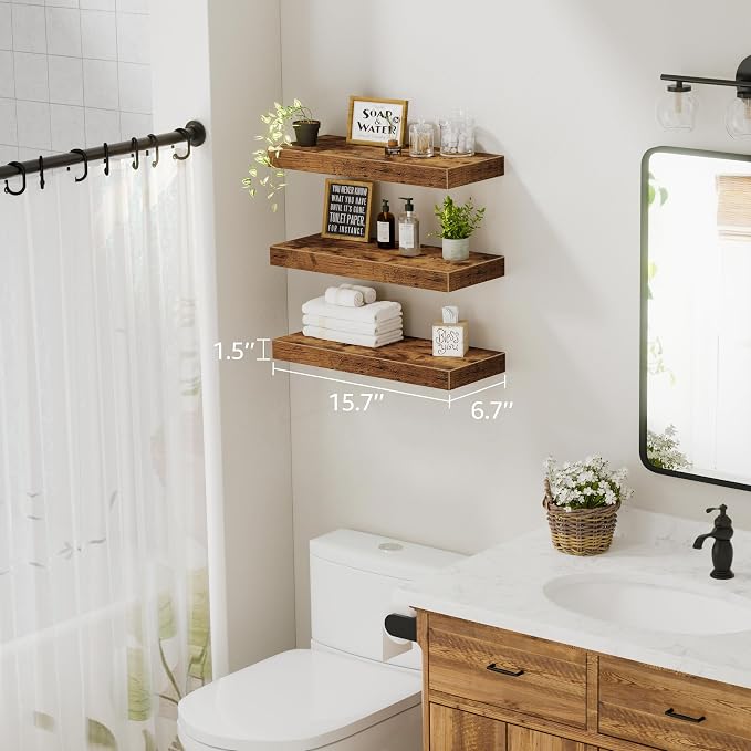 QEEIG Floating Shelves for Wall Bathroom Shelf Bedroom Kitchen Living Room Hanging Book Shelves Small Farmhouse Decor 16 inch Set of 3, Rustic Brown (015-BN3)