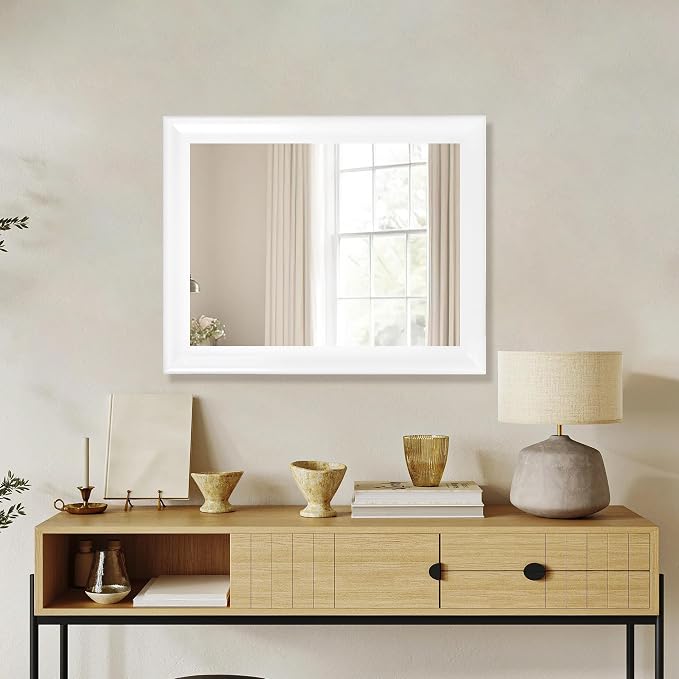 CULER White Wood Wall Mirror for Bathroom,Rectangle 20 x 16 inch Hanging Vanity Mirrors with Wooden Frame for Living Room,Bedroom,Entryway