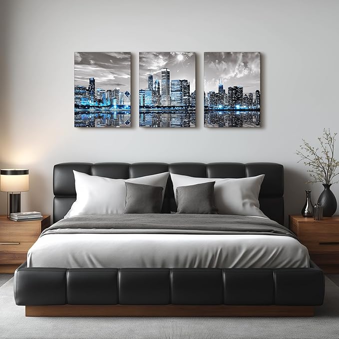 SERIMINO Chicago Skyline Wall Art for Living Room, Modern City Pictures Canvas Wall Decor for Office Bedroom 3 Pieces Set Night Scene Prints Paintings for Home 16"X24"