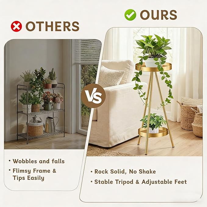 2 Tier Tall Plant Stand Indoor, 31.5" Gold Metal Modern Corner Flower Holder with Round Trays,Heavy Duty for Small Space, Bedroom & Balcony