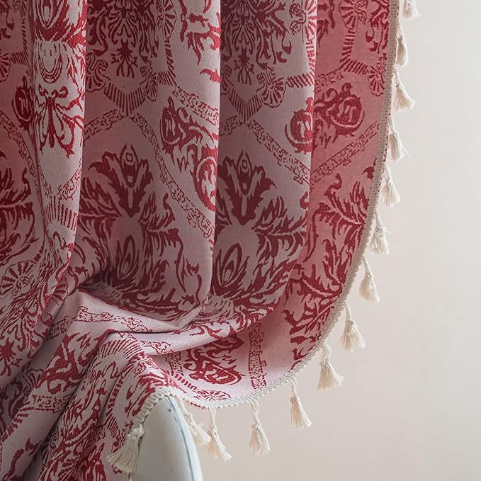 ENJOYBRIDAL Red Damask Curtains 84 Inches Living Room Bedroom Drapes 2 Panel Sets Vintage Semi Sheer Floor Length Window Curtains Dining Room Rod Pocket Jacquard Medallion Patterned Window Treatments