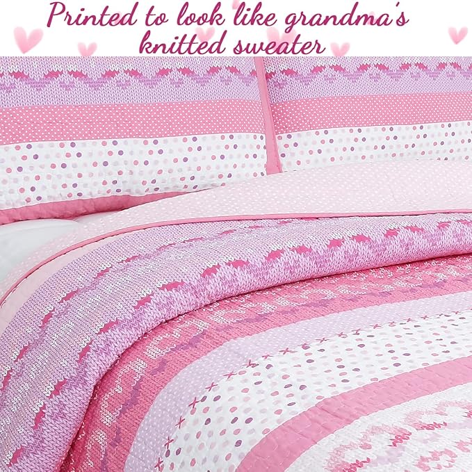 Cozy Line Home Fashions Cute Pink Butterfly Stripe Hearts 100% Cotton Soft Bedding Quilt Set, Coverlet, Bedspread (Twin - 5 Piece)