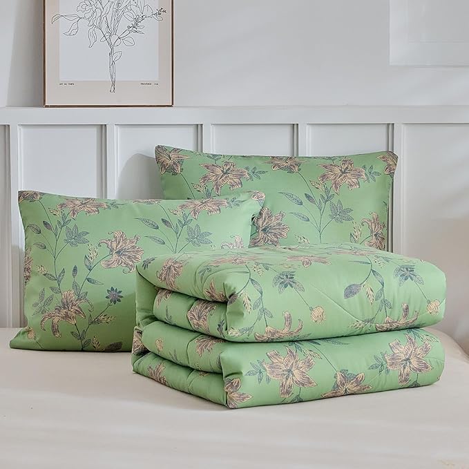 VM VOUGEMARKET Girls Green Floral Full Comforter Set Boho Soft Microfiber Bedding Comforter Set 1 Green Flower Comforter and 2 Pillowcases Chic Vintage Garden Botanical Comforter Set 80"x90"