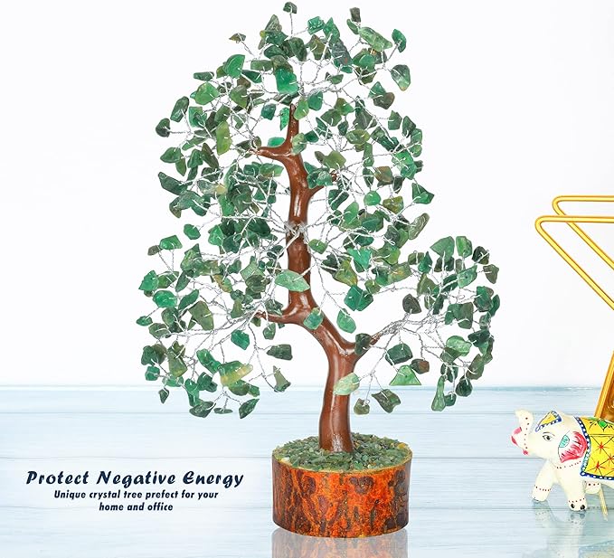 Healing Crystal Money Trees Feng Shui Gift Handmade Reiki Crystals & Stone Home Office Table Décor Good Luck Throat Chakras (Green Aventurine Silver Wire)
