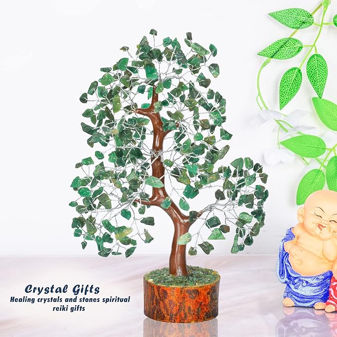 Healing Crystal Money Trees Feng Shui Gift Handmade Reiki Crystals & Stone Home Office Table Décor Good Luck Throat Chakras (Green Aventurine Silver Wire)